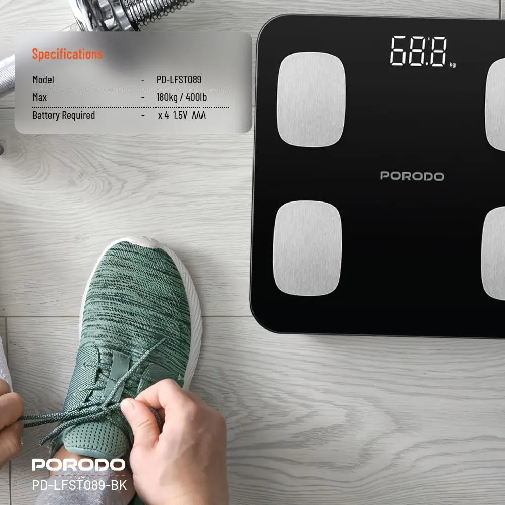 Porodo Lifestyle 8-Electrode Smart Body Analyzer Scale Composition with Digital Display - Black