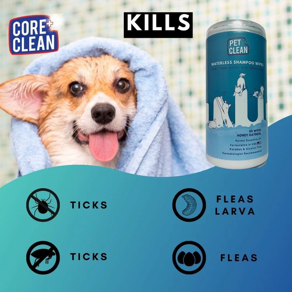 Waterless shampoo wipes for pets, soap-free, pH-balanced, and hypoallergenic, with anti-bacterial properties.