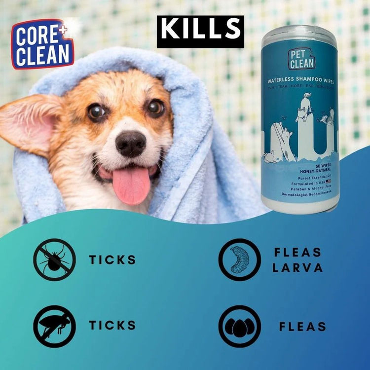 Waterless shampoo wipes for pets, soap-free, pH-balanced, and hypoallergenic, with anti-bacterial properties.