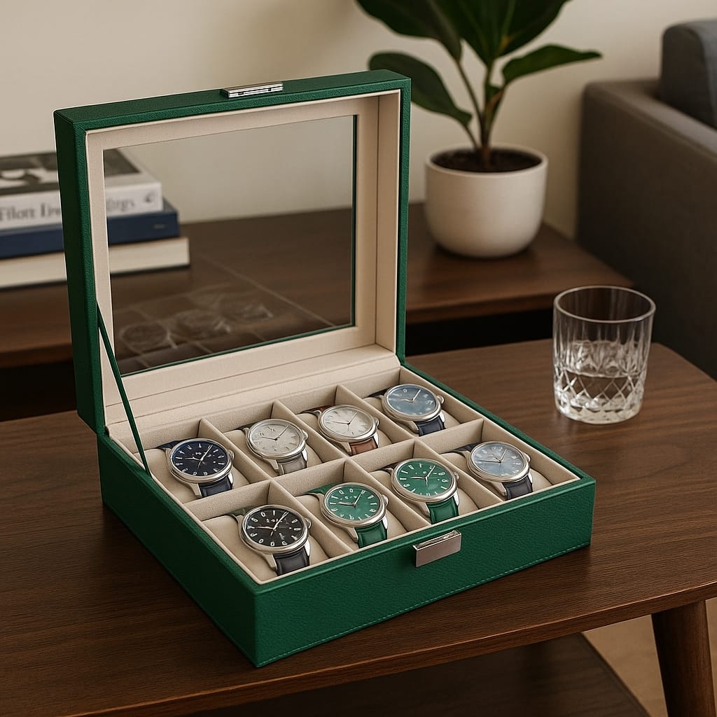 Green Lion classic Watch Box 10 slots with Glass - Green