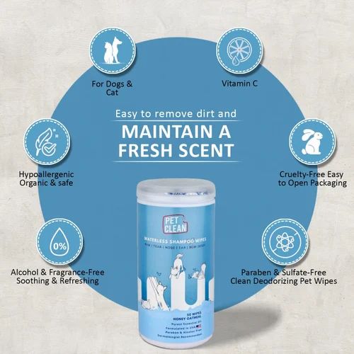 pet clean Waterless shampoo wipes for pets, soap-free, pH-balanced, and hypoallergenic, with anti-bacterial properties